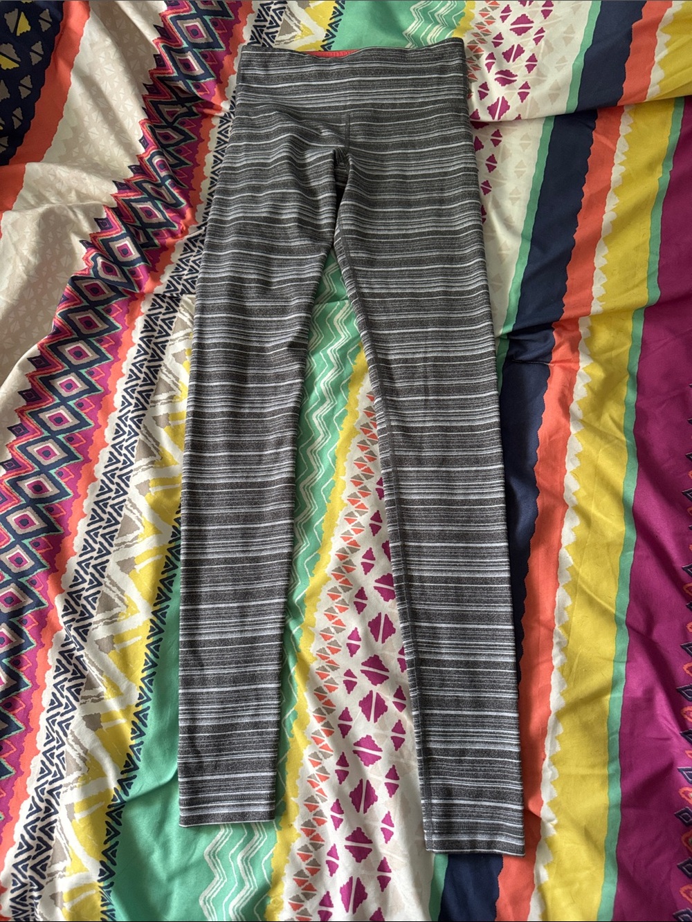 lululemon athletica Gray Striped and Coral Waistband Leggings